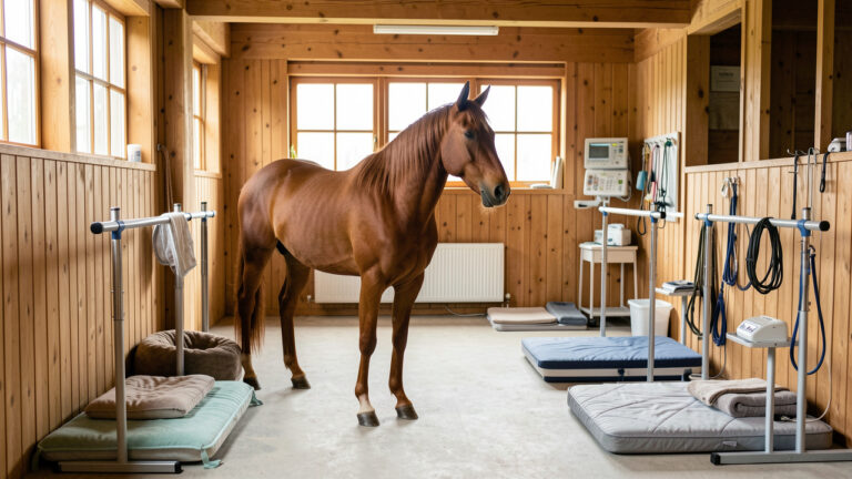 Aire d’examen spacieuse et sécurisée pour l’ostéopathie équine, avec un cheval alezan et du matériel adapté.