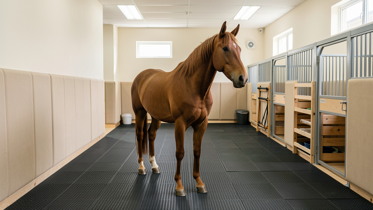 Cheval alezan debout dans un espace de soins équins spacieux, sécurisé et aménagé avec un sol amortissant.