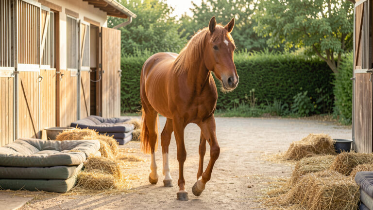Cheval alezan âgé marchant calmement dans un environnement propre et adapté, avec un sol souple, des espaces de repos et de la verdure.