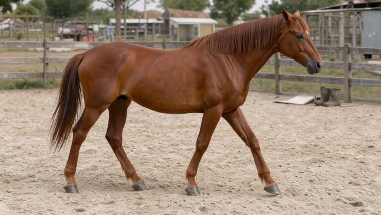 Cheval alezan marchant dans une carrière sablée avec une légère asymétrie visible dans la pose de ses membres antérieurs.
