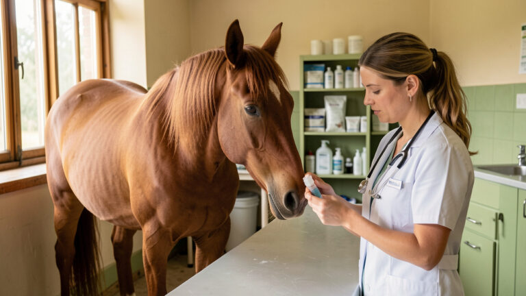 Un cheval alezan est examiné avec douceur par une vétérinaire dans une clinique rurale propre, illustrant le suivi des troubles urinaires équins.