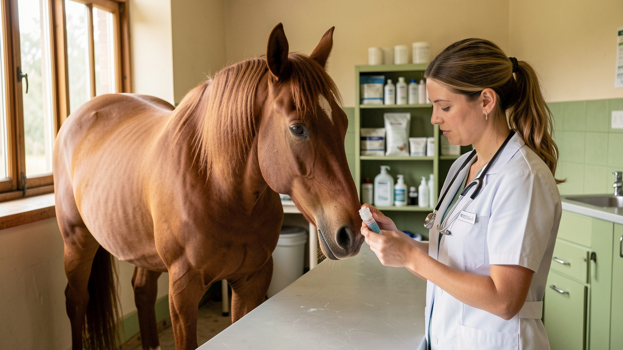 Un cheval alezan est examiné avec douceur par une vétérinaire dans une clinique rurale propre, illustrant le suivi des troubles urinaires équins.