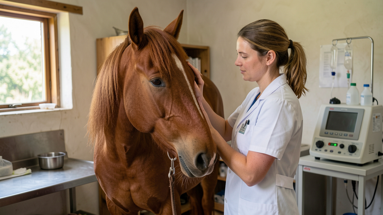 Un cheval alezan calme examiné avec douceur par une vétérinaire dans une clinique rurale propre, avec du matériel de soins à proximité.