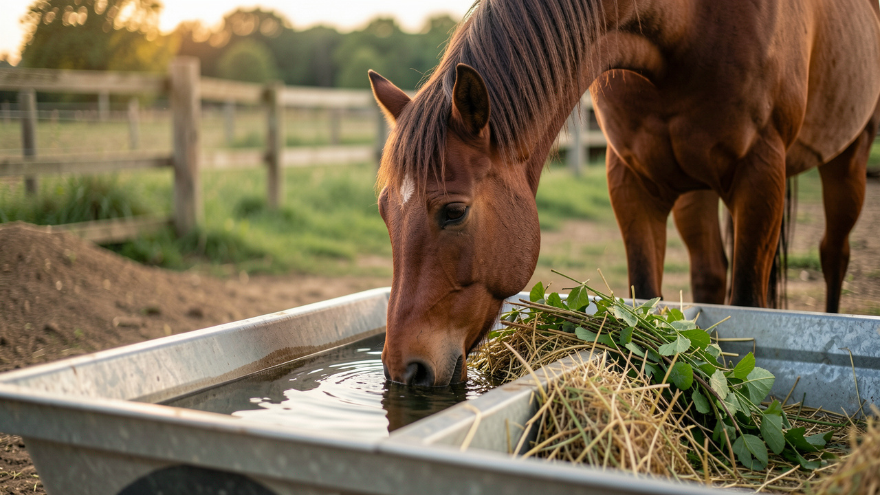 Cheval adulte buvant de l’eau fraîche près d’une ration de foin et de fourrage dans un environnement rural.