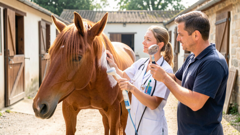 Une vétérinaire et un soigneur examinent avec précaution la peau d’un cheval alezan et lui prodiguent des soins préventifs en été.
