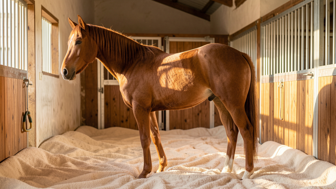 Cheval alezan détendu dans une écurie lumineuse, se tenant sur une litière douce avec le dos et la musculature délicatement mis en valeur par la lumière.