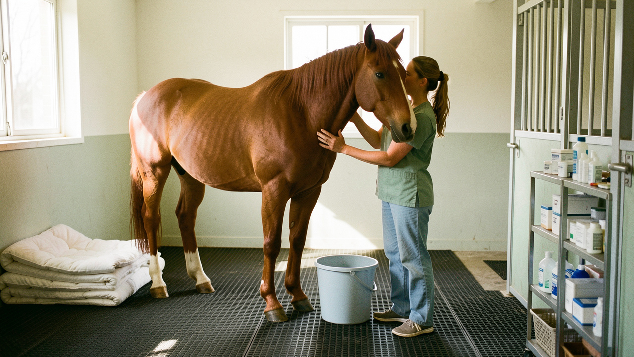 Un cheval alezan calme dans un espace de soins propre et sécurisé, accompagné d’une soigneuse vétérinaire pour le suivi quotidien.