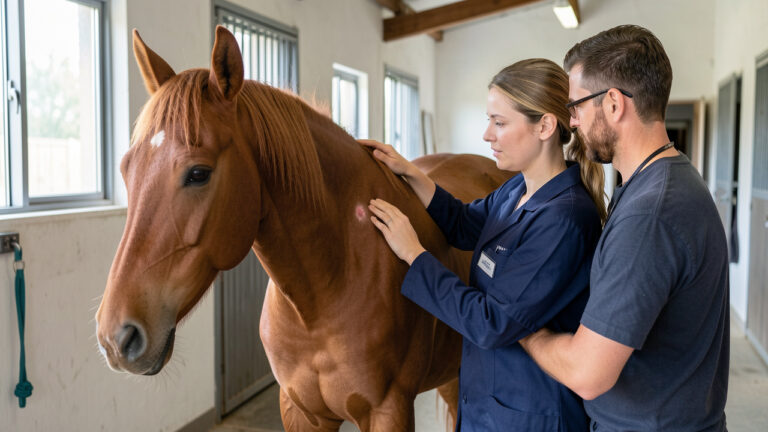Une vétérinaire examine calmement une petite lésion cutanée non graphique sur l’épaule d’un cheval, tandis qu’un soigneur le maintient doucement dans une écurie de soins.