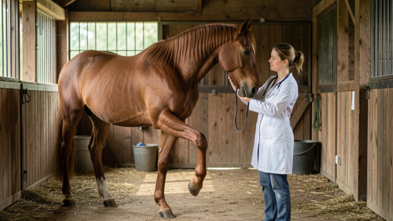 Une vétérinaire examine doucement la coordination et l’équilibre d’un cheval alezan dans une écurie propre.