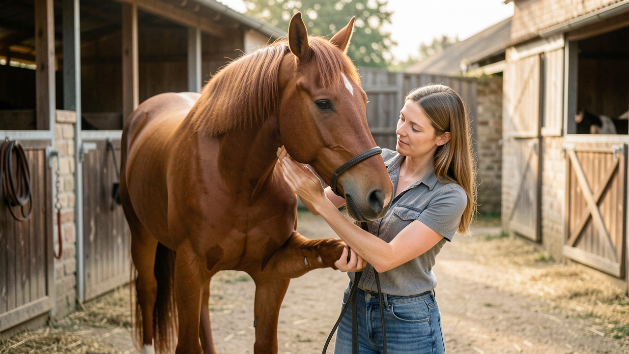 Une femme ostéopathe équine évalue doucement la mobilité d’un cheval alezan dans une cour d’écurie éclairée par la lumière du matin.