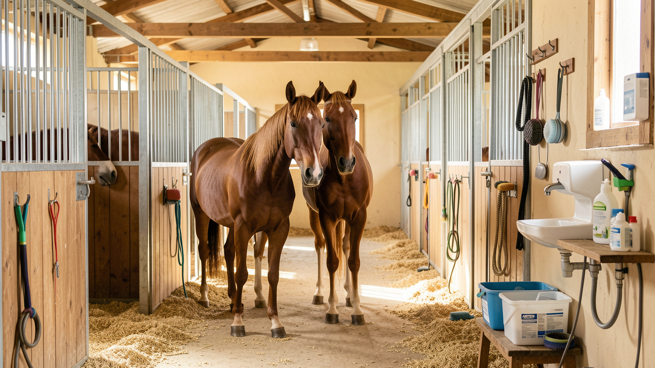Chevaux en bonne santé dans une écurie propre et bien ventilée, avec des boxes séparés et du matériel de prévention soigneusement organisé.
