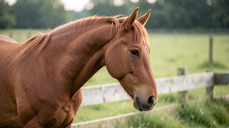 Cheval alezan calme étirant doucement son encolure dans un paddock verdoyant, illustrant la préservation de sa mobilité.