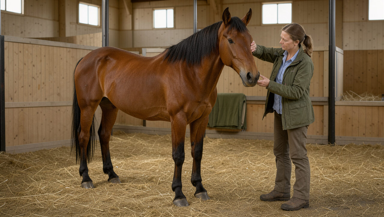 Un cheval alezan est examiné avec douceur par une vétérinaire qui observe sa posture et vérifie la zone de l’épaule dans une écurie lumineuse.