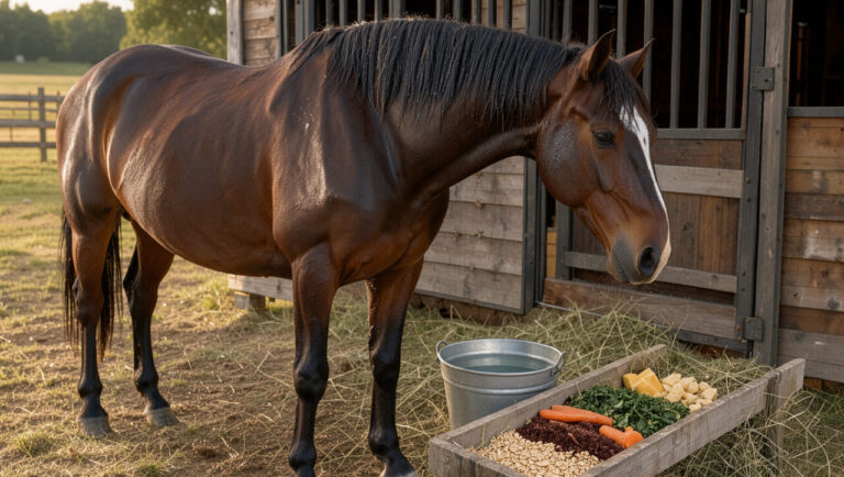 Cheval athlétique au repos après l’effort, près d’un seau d’eau fraîche, de foin et d’aliments équilibrés dans un environnement équestre rural.