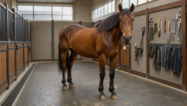 Un cheval brun se tient dans une aire de soins propre équipée d’un sol en caoutchouc texturé et antidérapant, avec un drainage visible et du matériel de pansage rangé.