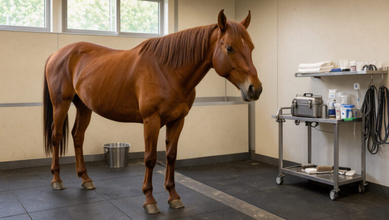Cheval alezan debout dans une zone de soins propre et lumineuse, équipée d’un sol souple, antidérapant et facile à nettoyer.