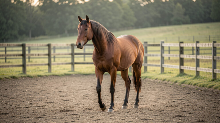 Cheval adulte marchant calmement dans une carrière équestre lors d’un exercice modéré et contrôlé, dans un environnement rural sécurisé.