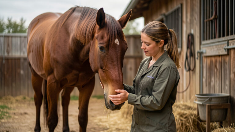 Cheval bai examiné avec précaution au niveau du sabot antérieur par une vétérinaire dans une écurie rurale.