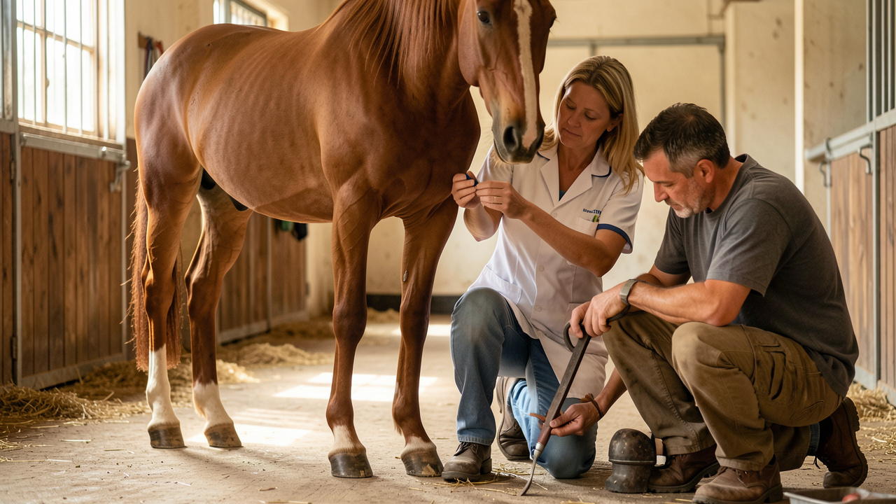 Une vétérinaire équine examine doucement la jambe avant d’un cheval alezan pendant qu’un maréchal-ferrant observe son aplomb dans une écurie lumineuse.