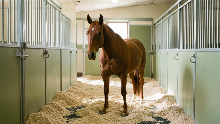 Cheval alezan au repos dans une écurie aménagée avec une litière épaisse, un sol antidérapant et un espace dégagé pour favoriser une convalescence sécurisée.