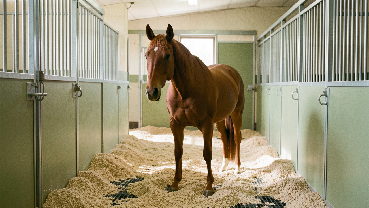 Cheval alezan au repos dans une écurie aménagée avec une litière épaisse, un sol antidérapant et un espace dégagé pour favoriser une convalescence sécurisée.