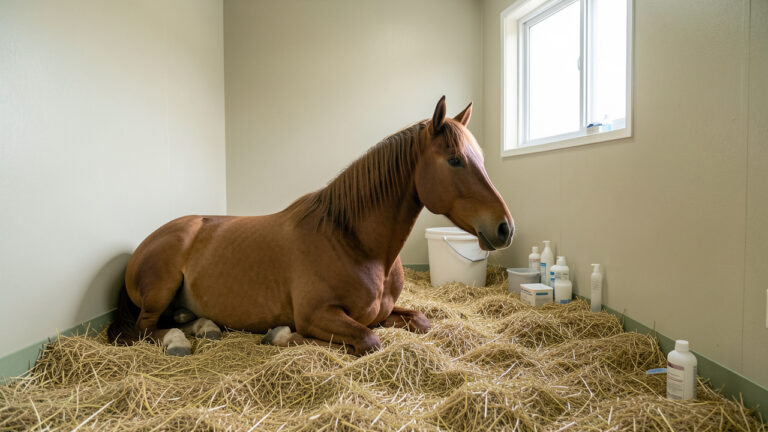 Cheval adulte au repos dans une zone de soins vétérinaires propre, calme et facile à surveiller.