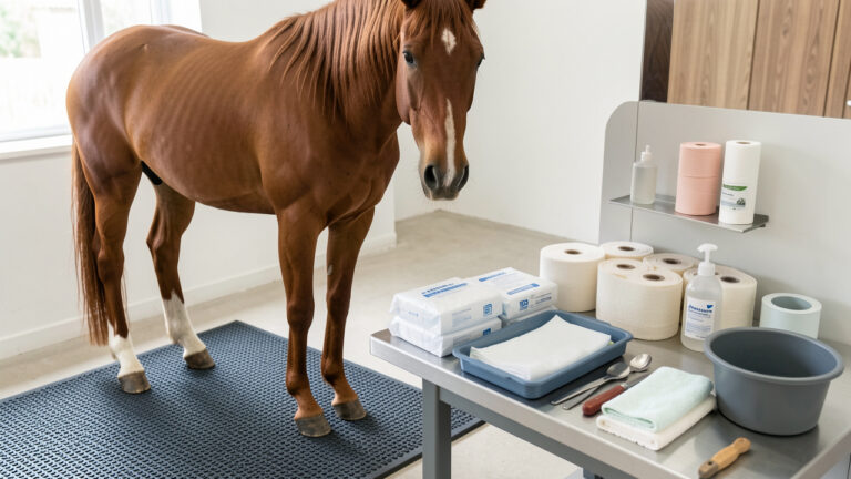 Cheval alezan dans une zone de soins propre, avec un sabot posé sur un tapis en caoutchouc près de matériel vétérinaire organisé.