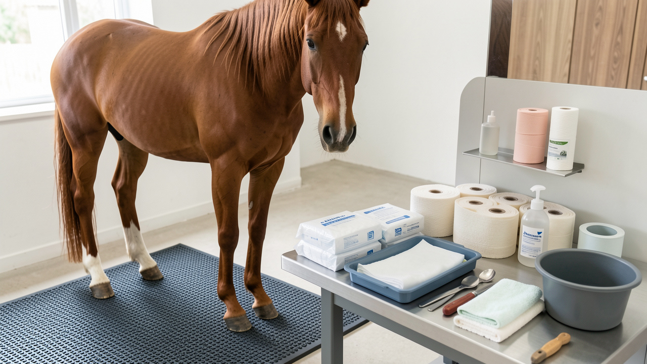 Cheval alezan dans une zone de soins propre, avec un sabot posé sur un tapis en caoutchouc près de matériel vétérinaire organisé.